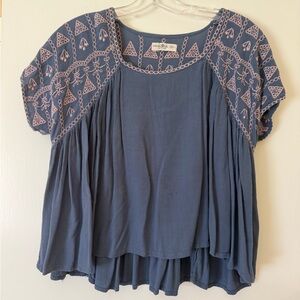 NATURAL LIFE Blue Blouse with Pink Embroidery